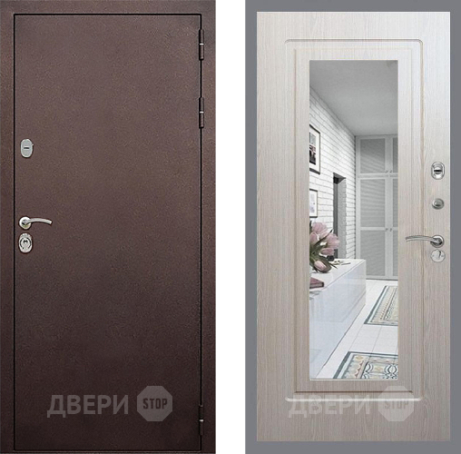 Входная металлическая Дверь Стоп КЛАССИК Медь Зеркало ФЛ-120 Беленый дуб в Мытищах